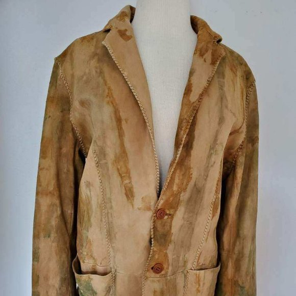 John Varvatos leather coat Med Large brown gray tan beige tie dyed blazer 52 54 - Picture 5 of 10